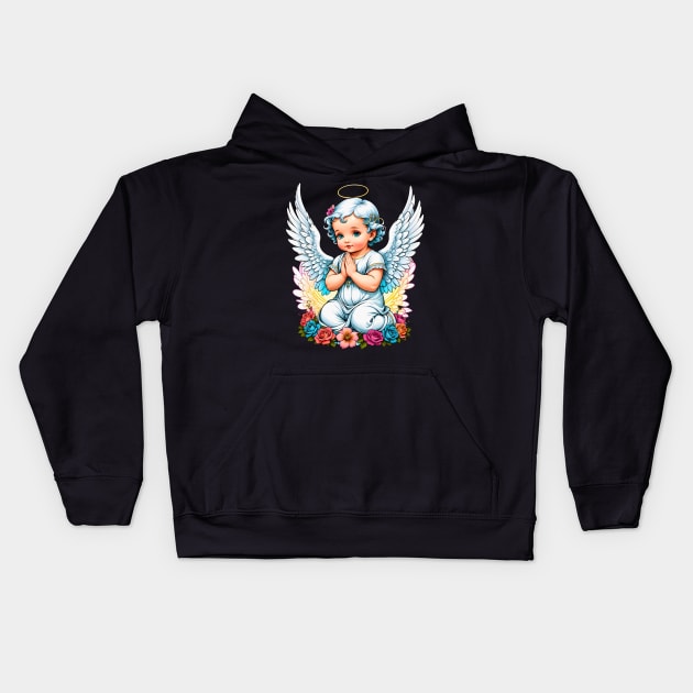 Praying Baby Girl Angel Cherub comic retro vintage Kids Hoodie by Neon City Bazaar